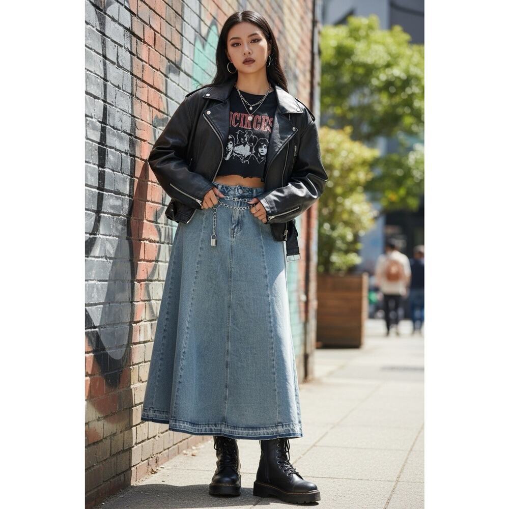 SHEIN Teen Raw Hem Denim Maxi Midi‎ Y2K 90’s Style Skirt Streetwear Alt Edgy 13Y